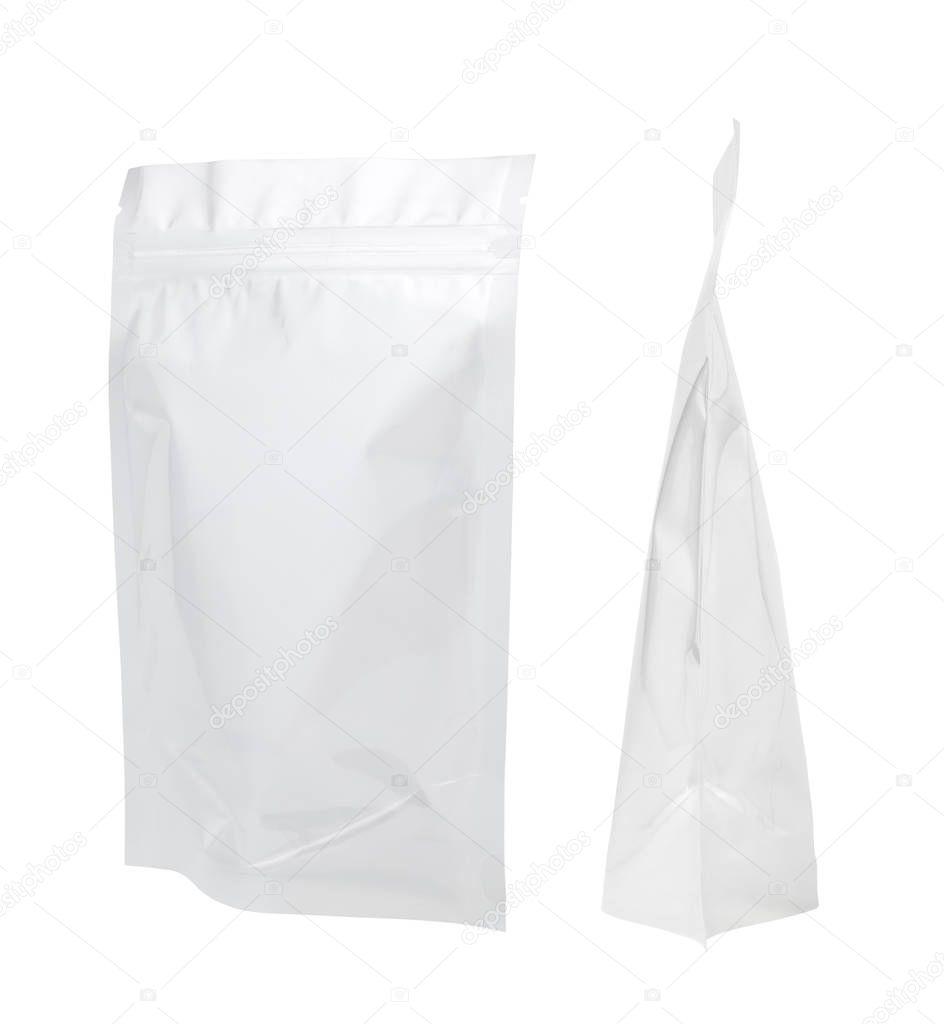 Transparent plastic zipper bags packaging. Isolated on white background.