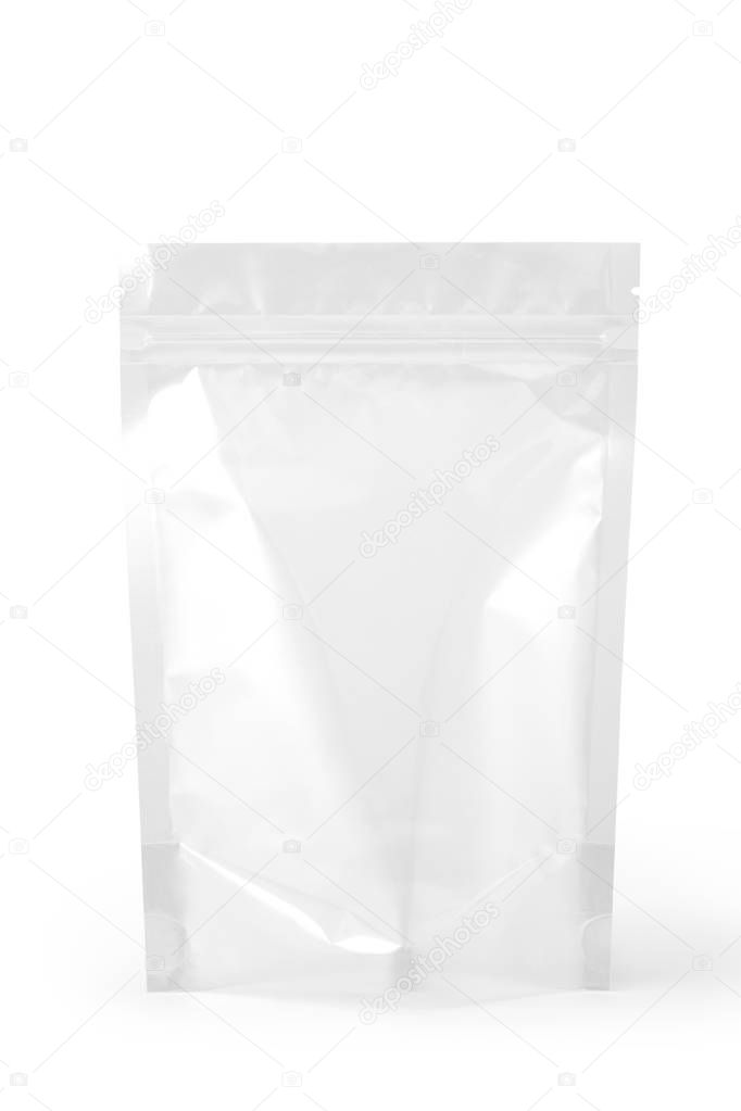 Transparent plastic zipper bag packaging. Isolated on white background.