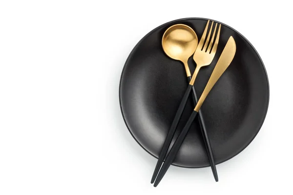 Cutlery Set Fork Knife Spoon Empty Black Plate Isolated White — 스톡 사진