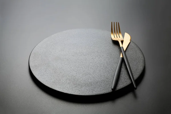 Fork Knife Empty Black Plate — Stock Photo, Image