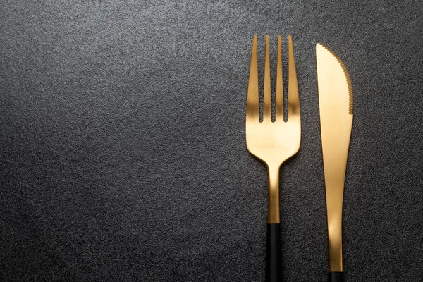 Fork Knife Empty Black Plate Close — Stock Photo, Image