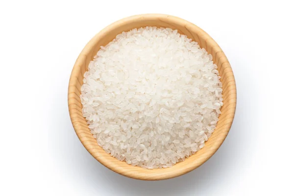 Rýže Severovýchodní Číny Dřevěné Míse Bílém Pozadí Horní Pohled — Stock fotografie