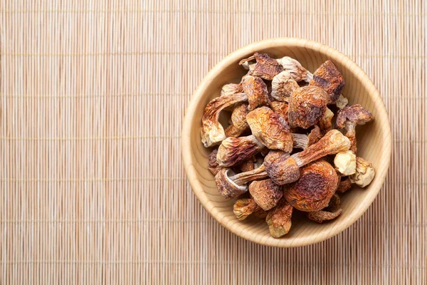 Dried Agaricus Blazei Mushroom Wooden Bowl Bamboo Background Top View — Stock Photo, Image