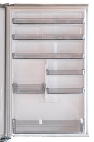 Empty open fridge with shelves on whhite background, refrigerator concept