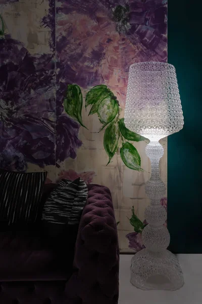 Modern Table Lamp Interior Lighting Bulbs Purple Velvet Sofa Decoration — 스톡 사진