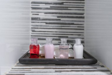 Seramik duvar aralığı dekorasyonundaki banyo aksesuarlarının sabun banyosu önleyici modern bina mimarisi.