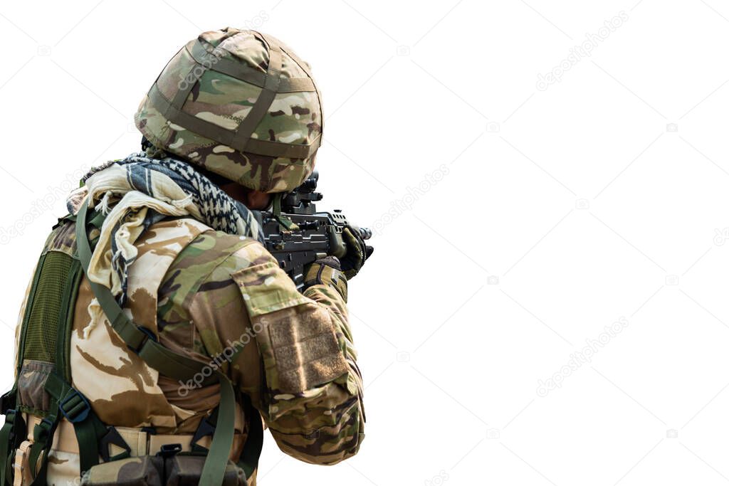 Special Forces soldier in combat uniforms aiming gun rifle to attack enemy, Concept war, army, weapon, technology protection country with isolated on white background