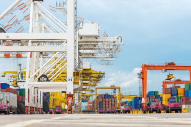 İthalat ve ihracat sırasında yük konteynırı limanında konteynır yükleyen endüstriyel vinç ve kamyon.