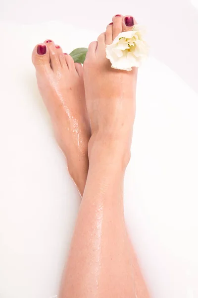 Beautiful long legs of a girl in a bath filled with milk. A woman takes a bath. In the fingers of a delicate flower white milk color. The concept of Spa relax for pedicure salon. — Stock Photo, Image