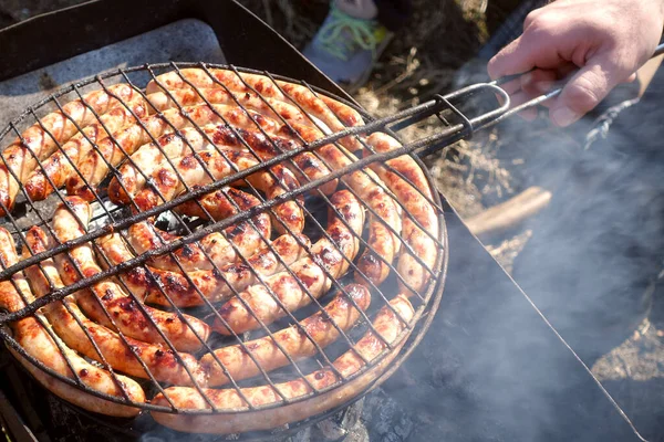 Pork Chicken Sausages Cooking Barbecue Chargrill Brazier Top View Closeup — Stock Photo, Image