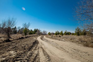 Köye giden kırsal yol. Çamur ve tozlu yol bir tarladan geçiyor ve açık mavi gökyüzüne karşı ağaçlar üzerinde lastik izleri var. Bir SUV için kötü bir yol..