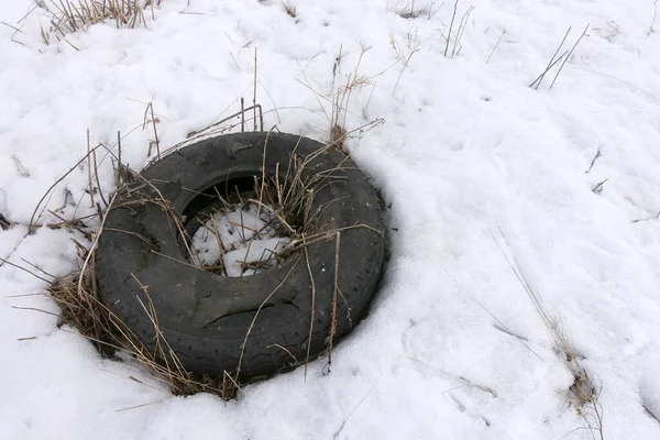 Worn Out Car Tire Lies Field Winter Snow Landfill Used — Stock Photo, Image