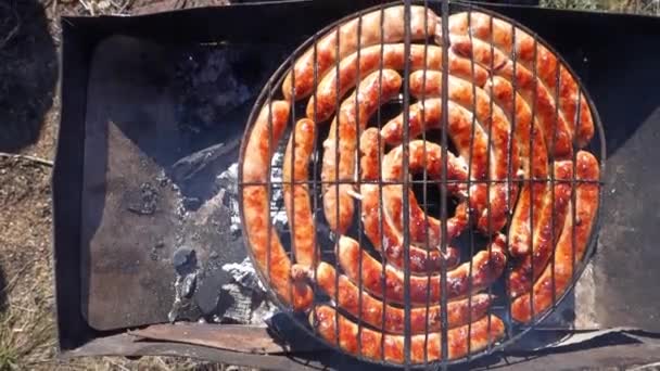 Grillowane kiełbaski są smażone na grillu. — Wideo stockowe