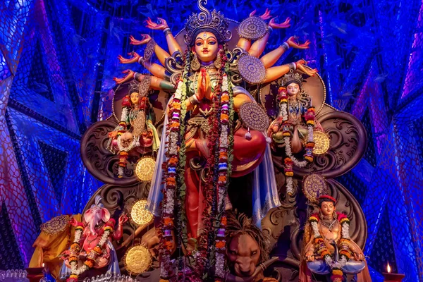 Bohyně Durga Idol Zdobené Durga Puja Pandal Střílel Barevné Světlo — Stock fotografie