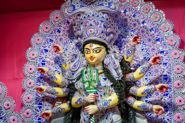 Bohyně Durga Idol Zdobené Durga Puja Pandal Střílel Barevné Světlo — Stock fotografie