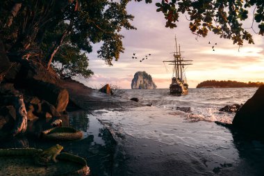 Kamboçya 'daki Koh Rong' da bir kurbağa onu izlerken korsan gemisi kıyıdan uzaklaşıyor.