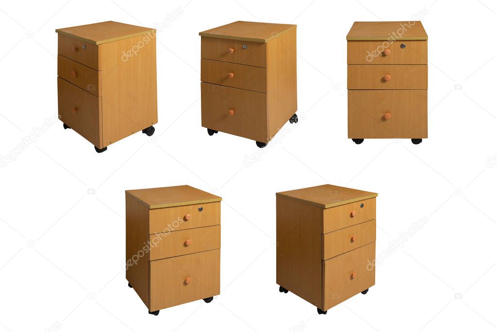 Five different perspective of wooden drawer nightstand. Good for digital artists