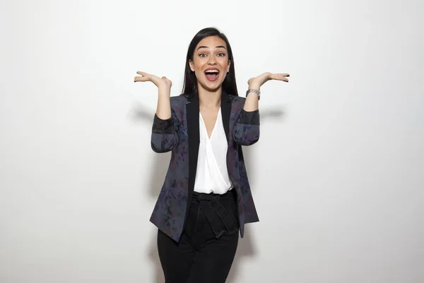 Beautiful Long Haired Brunette Woman Raised Arms Surprised Expression Studio — Stock Photo, Image