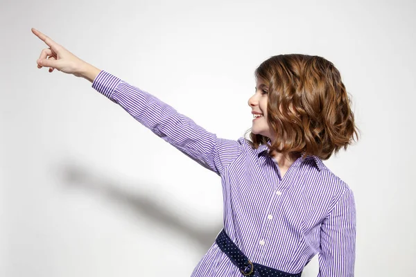 Young Smiling Girl Posing Studio Copy Space — Stock Photo, Image