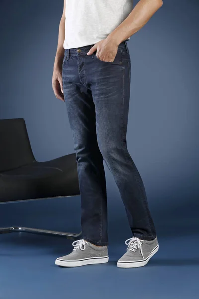Cropped View Man Posing Jeans Studio Fashion Concept — Stock Photo, Image