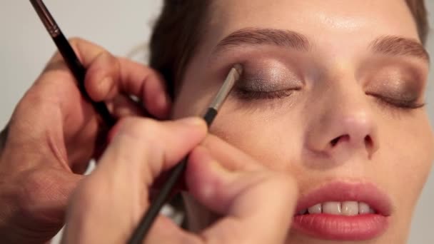 Artista Maquillaje Para Mujer Joven Por Cepillo — Vídeo de stock