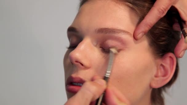 Artista Fazendo Maquiagem Para Jovem Mulher Por Escova — Vídeo de Stock