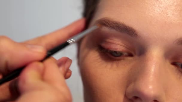 Καλλιτέχνης Makeup Για Νεαρή Γυναίκα Από Βούρτσα — Αρχείο Βίντεο