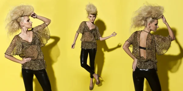Stylish beautiful woman in an animal print see through blouse and shiny leather black pants on yellow background.
