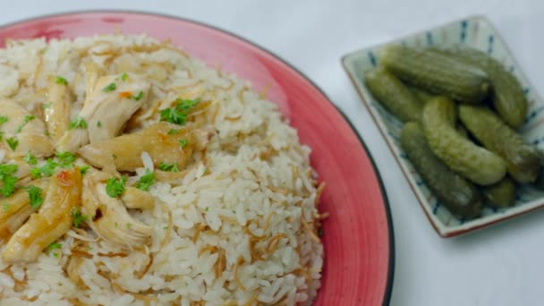 Delicious Traditional Chicken Rice Dressed Minced Parsley Table Pickle Fried — Stock Video