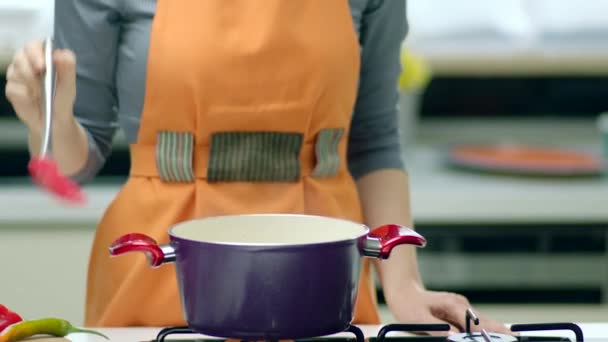 Mujer Cocinando Sopa Sartén Cocina — Vídeo de stock