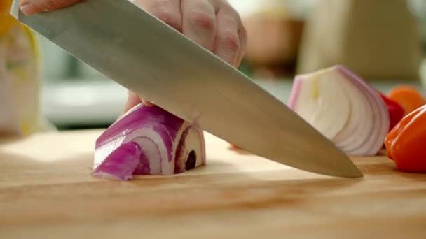 Hands Chopping Purplish Onions Cutting Board Throws Knife — Stock Video