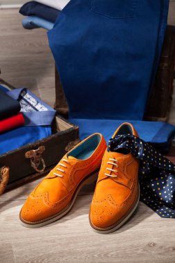 Erkek aksesuarları Erkek ayakkabıları, papyonlar, kravatlar, kemer, mücevher, cüzdan ve kış dekorunda hediye paketleri.