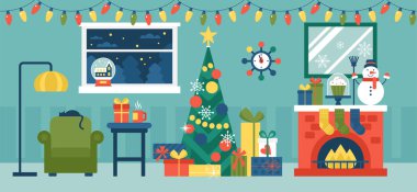 Chris 'le Noel tatili dekore edilmiş oturma odası.