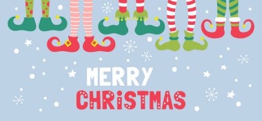 Hoş bir Noel afişi dizaynı. Çorap ve ayakkabı içinde elf ayakları var.. 