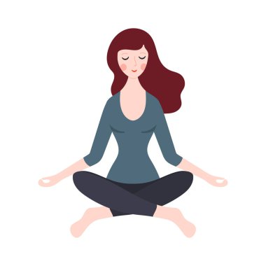 Genç bir kadın meditasyon yapıyor ya da yoga yapıyor. Vektör illüstrasyonu