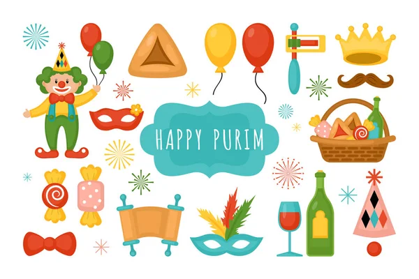 Grafik ve web tasarımı için ayarlanan Purim tatil elemanları. — Stok Vektör