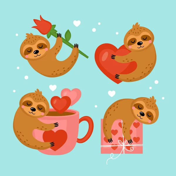 Sevgililer Günü tatili için ayarlanmış sevimli tembel hayvan karakteri. Vektör illu — Stok Vektör