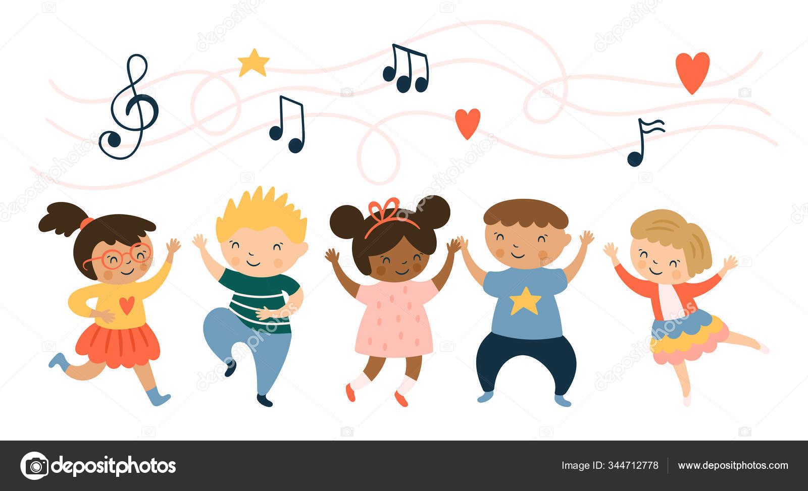 귀여운 아이들은 춤을 추고 음악을 즐긴다. 유치 한 PR 스톡 벡터 - ©girafchik 344712778, image size:1600x973