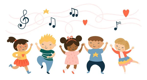 Lindos niños personajes bailando y disfrutando de la música. Infantil pr — Vector de stock