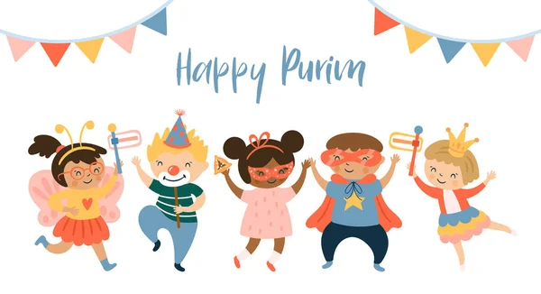 Purim diseño de la tarjeta de felicitación del carnaval con el carácter lindo de los niños — Archivo Imágenes Vectoriales