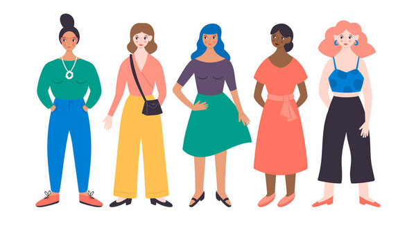 Women's day cute greeting card with women characters design. Chi