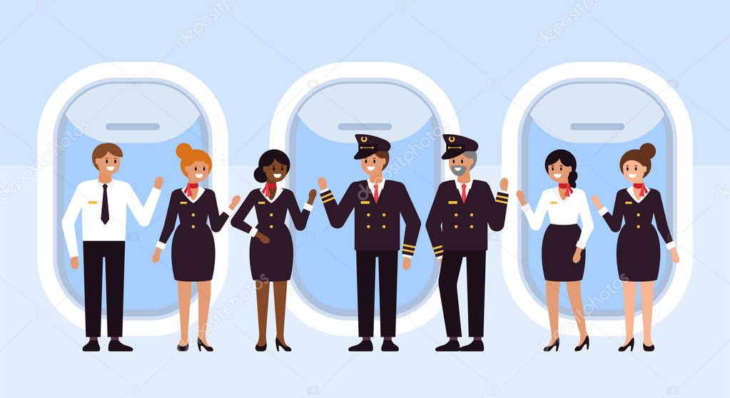 Airplane flight crew character design. Pilot and stewardress fla
