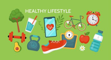 Sağlıklı yaşam tarzı kavramı. Spor ve yemek ekipmanları ile spor pankartı tasarımı. Vektör illüstrasyonu