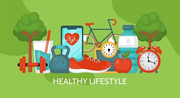 Concepto Estilo Vida Saludable Diseño Banner Fitness Dieta Con Comida — Archivo Imágenes Vectoriales