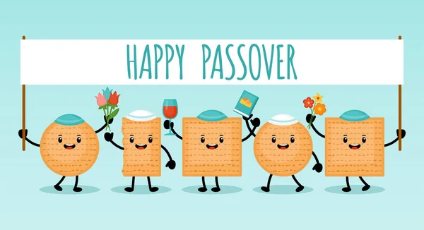 Passover Holiday Banner Design Matzah Funny Cartoon Characters Vector Illustration — Stock Vector