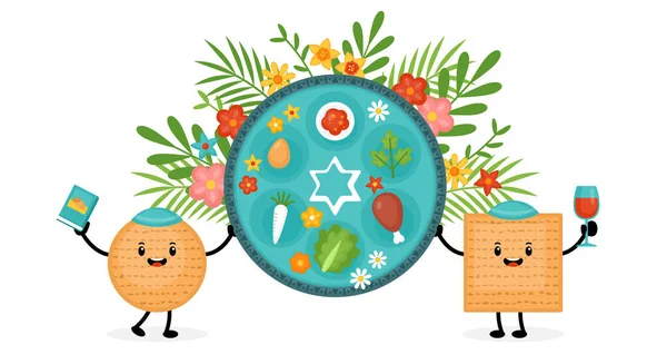 Pascha Vakantie Banner Ontwerp Met Matzah Grappige Stripfiguren Traditionele Seder — Stockvector