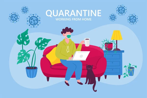 Coronavirus Quarantine Concept Working Home Man Sitting Couch Working Laptop — Stock Vector