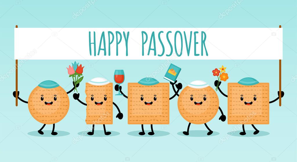 Passover holiday banner design with matzah funny cartoon characters. Vector illustration