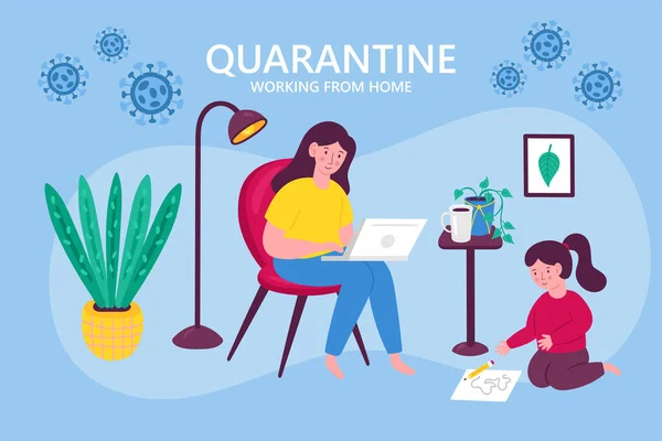 Coronavirus Quarantine Concept Working Home Woman Child Sitting Chair Working — Stock Vector