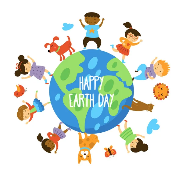 Happy Earth Dzień Kartka Życzeniami Cute Dzieci Znaków Dziecinny Druk — Wektor stockowy